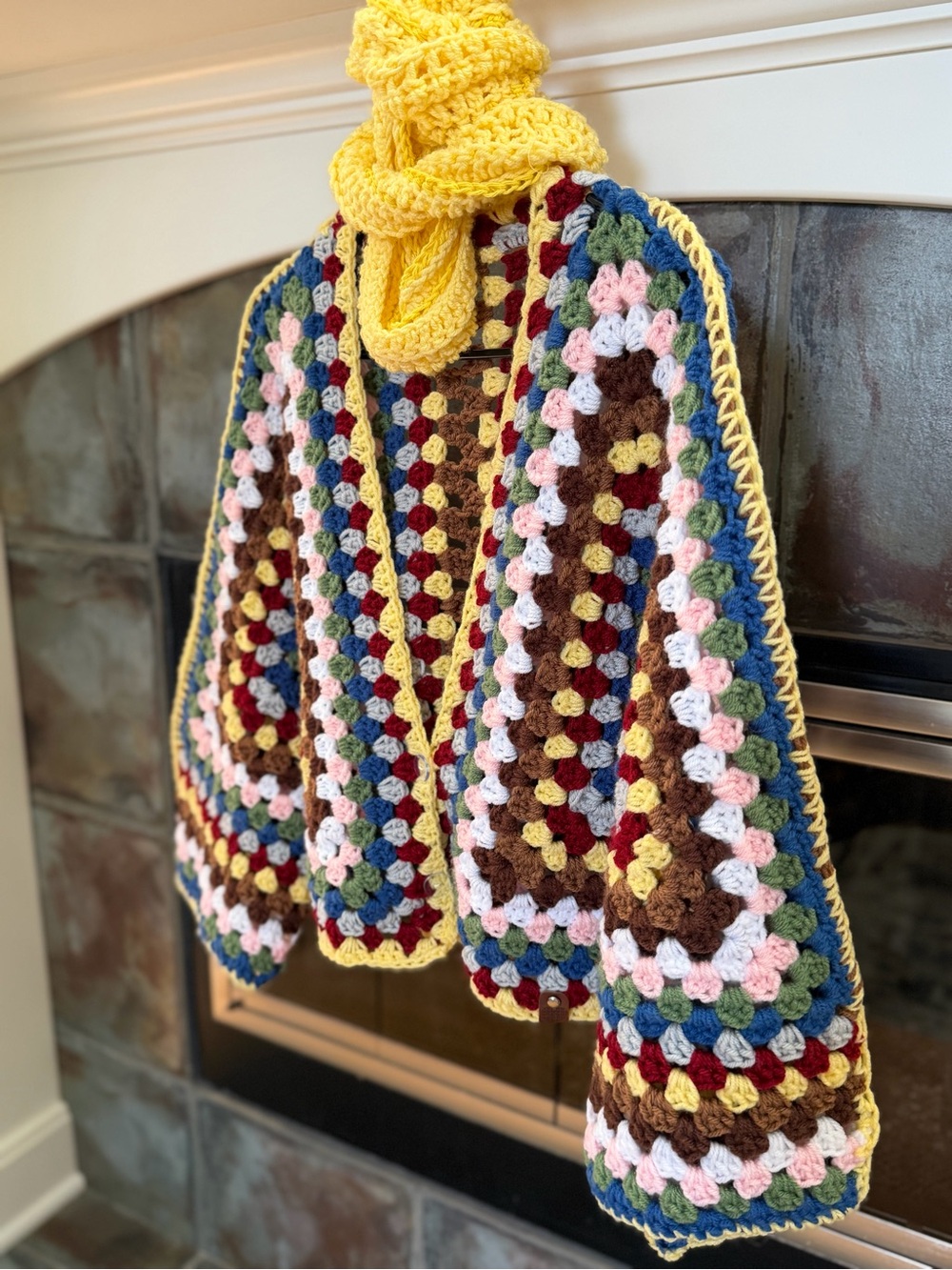 Handmade Multicolor Crochet Kids Jacket with Yellow Trim